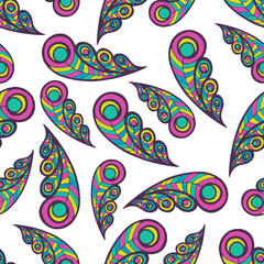 Doodle peacock feathers seamless pattern. Vector background for textile, fabric, package design