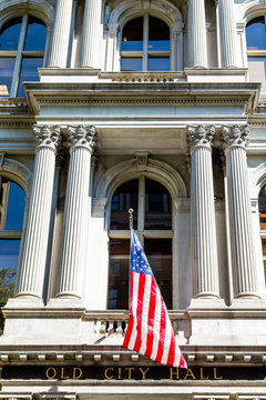 Flag and Columns on Old City Hall in Boston