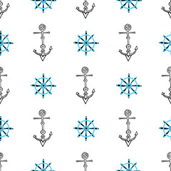 Seamless nautical background with anchors and ship wheels. Hand drawn sea seamless pattern.