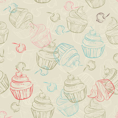 Seamless pattern with sweet cupcakes and berries