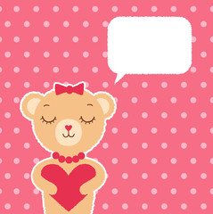 Cute hipster bear girl with heart on pink background