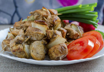 Mini skewers of chicken and a side dish of fresh vegetables
