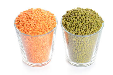 full glasses with mung and lentil  isolated on white