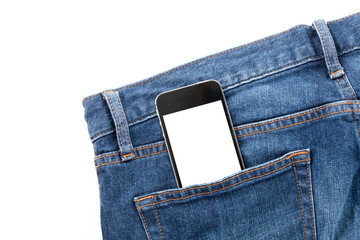 Smart phone in your pocket blue jeans on white background