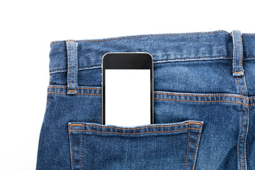 Smart phone in your pocket blue jeans on white background