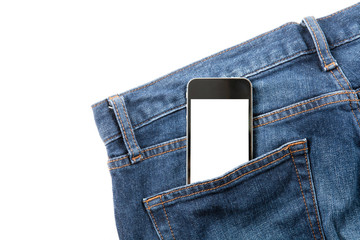 Smart phone in your pocket blue jeans on white background