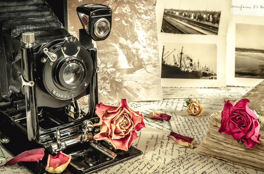 Still life of Antique bellows camera, handwritten letter and rose blossom on table