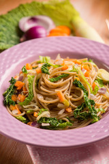 spaghetti with vegetarian ragout, selective focus