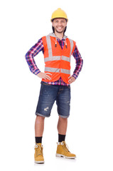 Successful young builder isolated on white