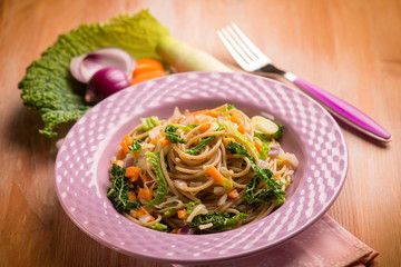spaghetti with vegetarian ragout, selective focus