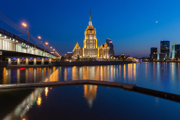 Fototapeta premium Radisson Royal Hotel or Hotel Ukraina at dusk, Moscow, Russia.