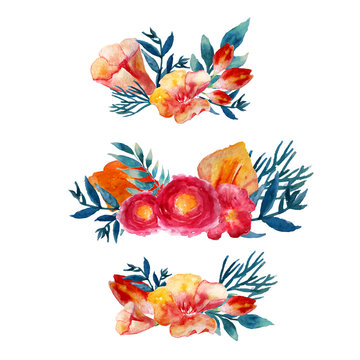 Vector watercolor floral wreath set with vintage leaves and