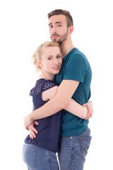 Fototapeta premium love concept - happy young man and woman hugging isolated on whi