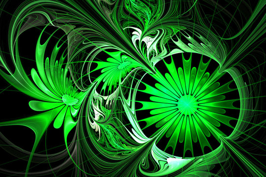 Flower background. Green and black palette. Fractal design. Comp