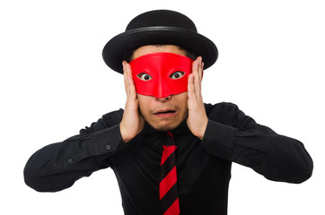 Young man with red mask isolated on white