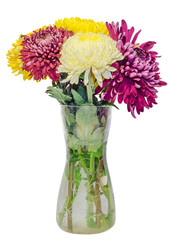 Transparent vase with chrysanthemums and dhalias