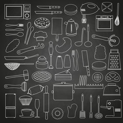 home kitchen tools and food outline icon on blackboard eps10