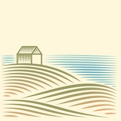 Rural landscape with a house by the sea