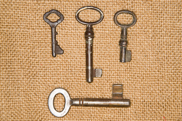 A lot vintage keys from the locks on old cloth