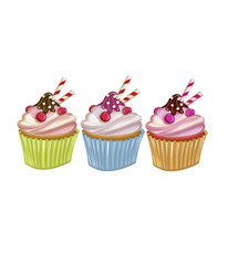  cupcakes with cream , cherries, and chocolate topping