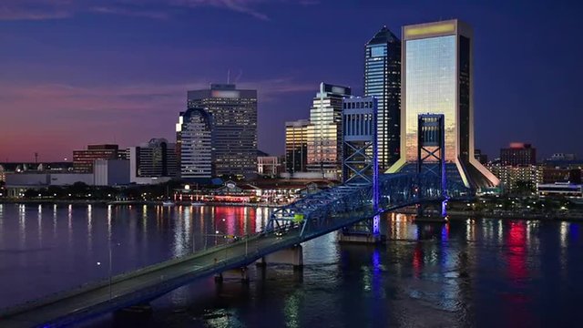 Jacksonville, Florida, USA downtown skyline footage at dusk.
