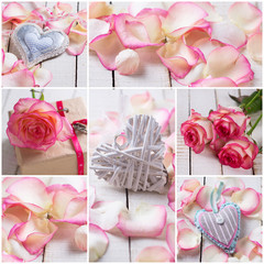 Collage from photos of rose, petals and decorative heart on wood