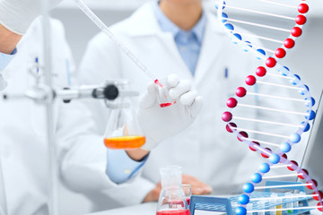 Fototapeta premium close up of scientists filling test tube in lab