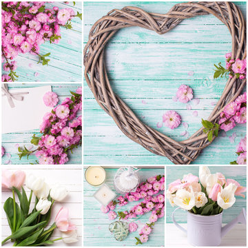 Collage from photos with   pink  flowers and decorative heart