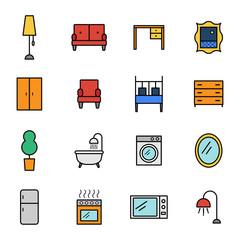 Vector set of colorful outline style furniture icons