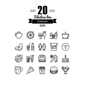 Restaurant foods and beverages line icons set