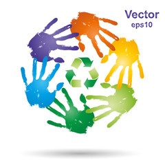 Vector conceptual children painted hand print and recycle symbol