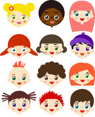 Set of different kids face on white background.