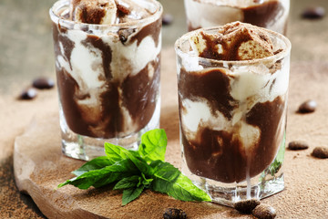 Chocolate dessert with ice cream and mint, selective focus