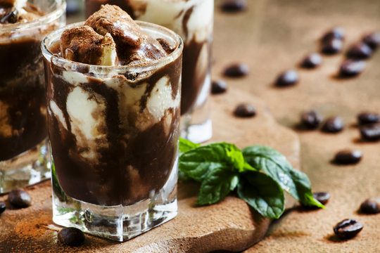 Chocolate Dessert With Ice Cream And Mint, Selective Focus