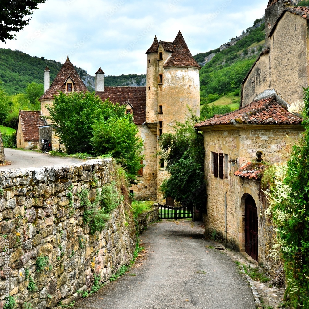 Sticker pretty lane through the village of autoire, france