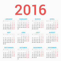 Calendar for 2016 on White Background. Week Starts Monday