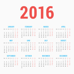 Calendar for 2016 on White Background. Week Starts Monday