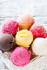 Ice cream scoops on wooden table.