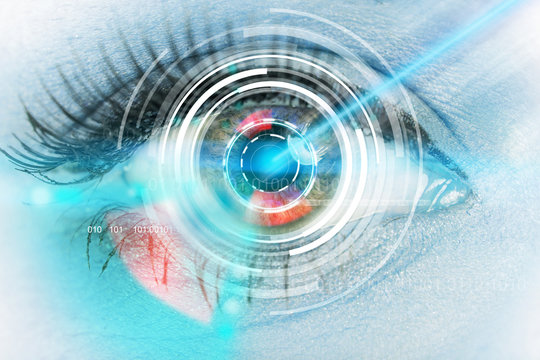 Close-up woman eye with laser medicine.
