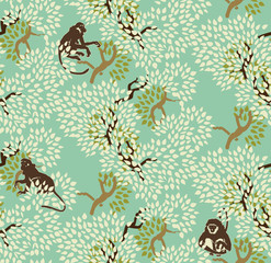 Abstract floral seamless pattern. Trees and monkeys. Exotic wood - 83928763