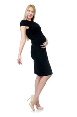 Pretty pregnant woman in black dress isolated on white