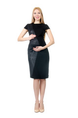 Pretty pregnant woman in black dress isolated on white