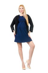 Fototapeta premium Beautiful pregnant woman in blue dress isolated on white