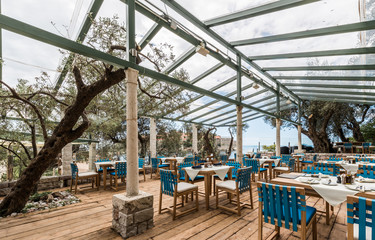 Tables at restaurant seaside view