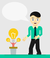 Young businessman talking about his new idea. Growing light