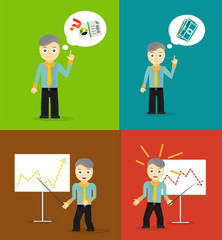 Set of cute cartoon young businessmen. Idea concept and finance