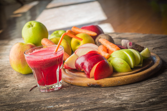 Glass Of Fresh Beetroot, Apple And Carrot Juice