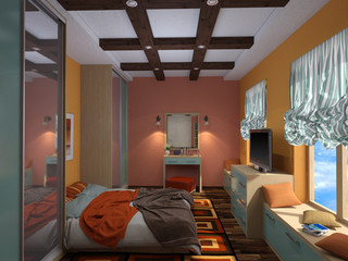 3D illustration of interior design of a bedroom in the Mexican s