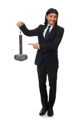 Handsome businessman holding hammer isolated on white