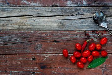 Organic vegetables on rustic wooden table. 